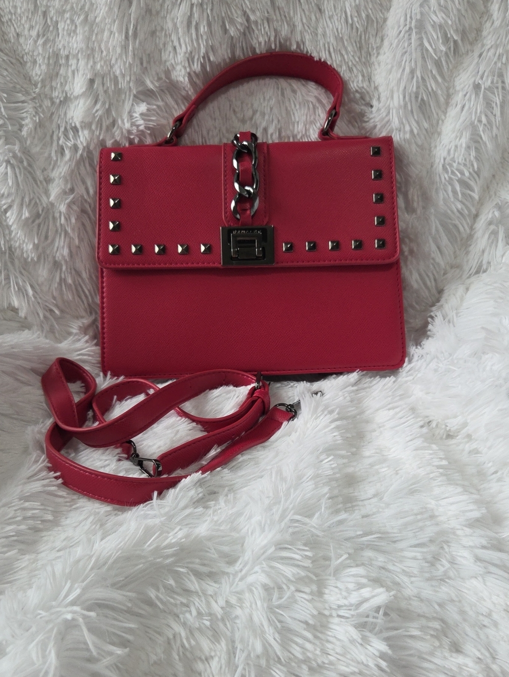 NWT Badgely Mischka Red Stud-Accent Top-Handle Satchel Bag
